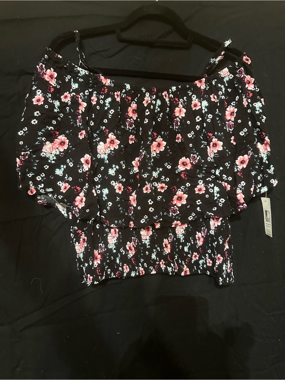No Boundaries Black Floral Off-Shoulder Smocked Crop Top